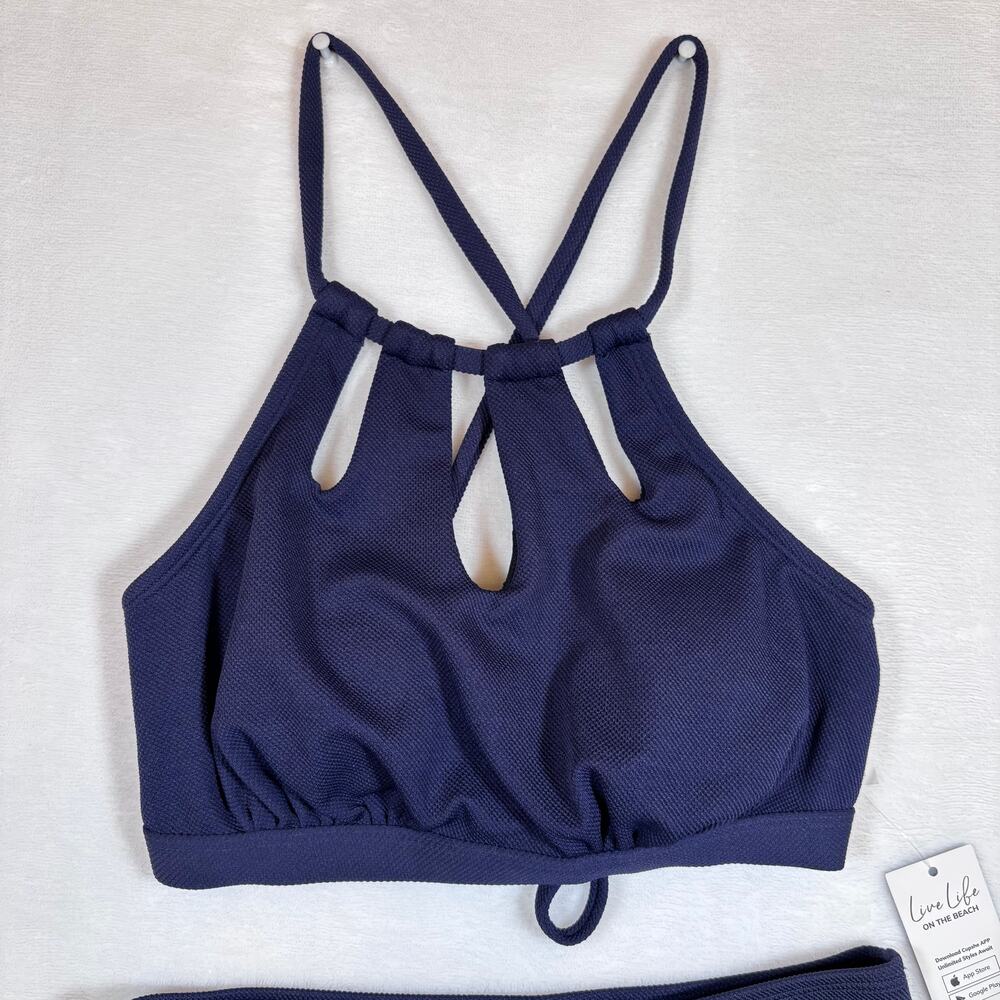 NWT Cupshe Navy Blue High Neck Bikini Set w/ Strappy Back & Keyhole Detail Sz XS - Picture 2 of 14